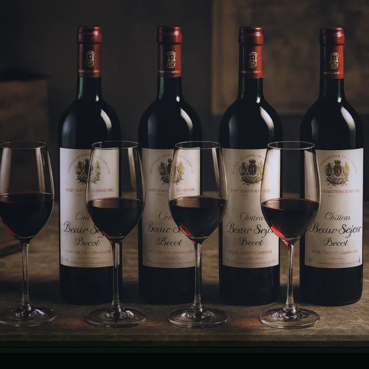 Four bottles of Château Beau-Séjour Bécot wine with glasses on a marble table.